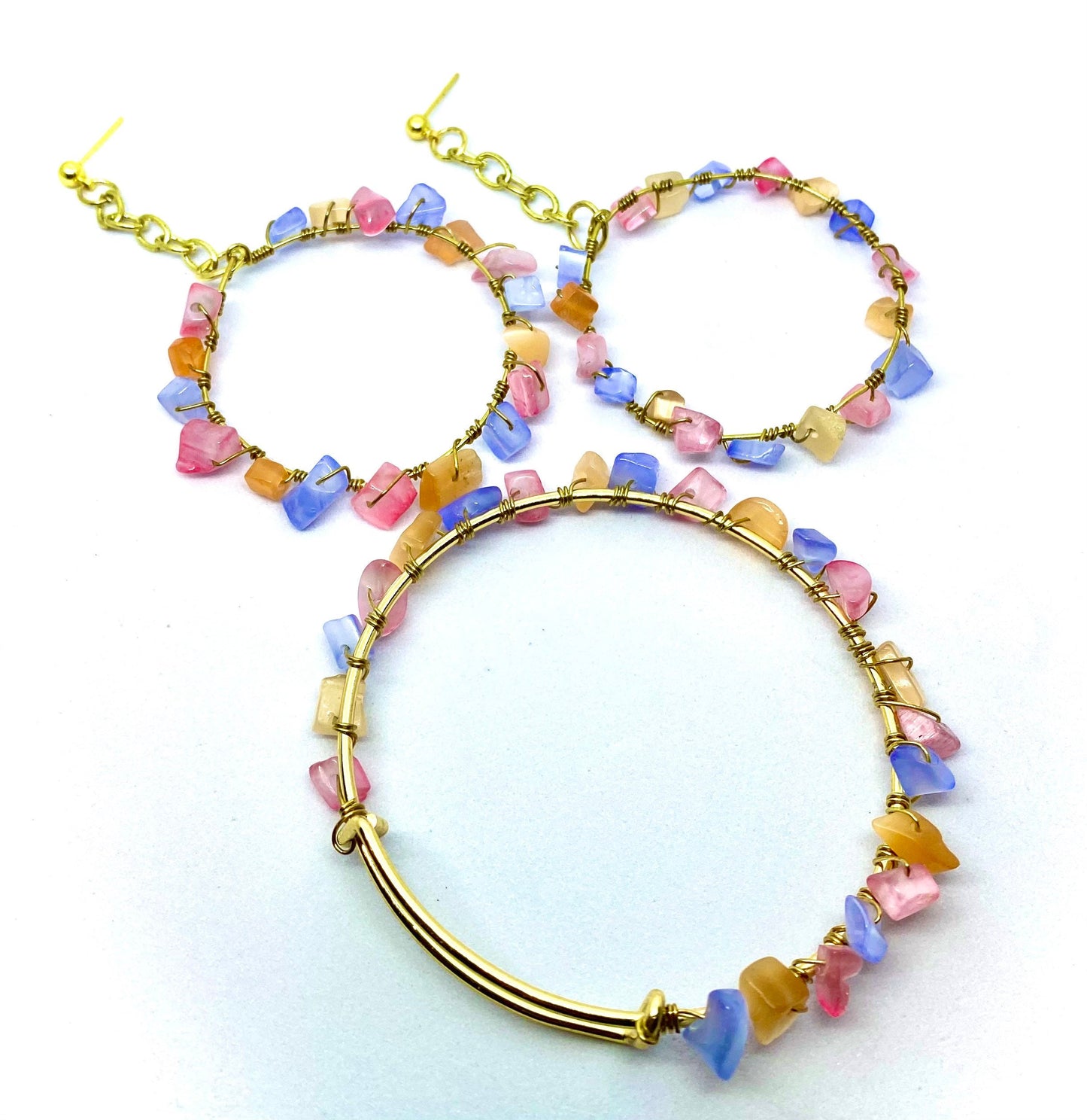 Colorful Gemstone Jewelry Set | Gold Wire Wrapped Crystal Earrings and Bracelet Set | Handmade Gemstone Jewelry | Bright Color jewelry |