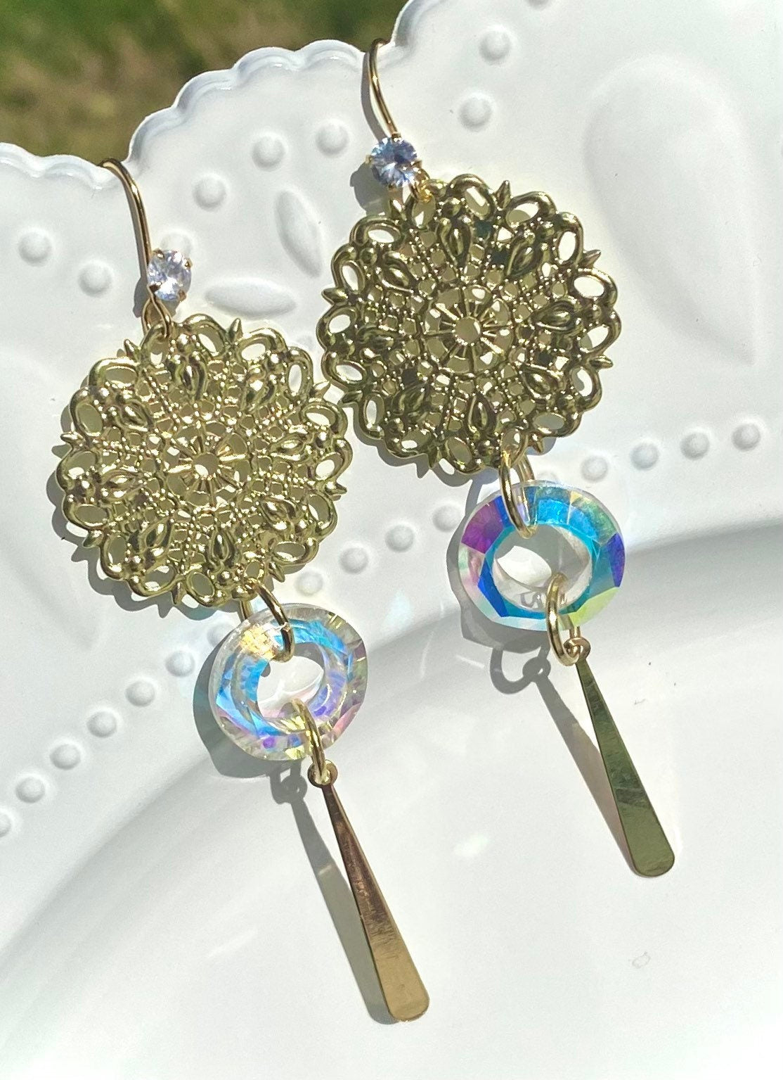 Elegant Dangle Drop Earrings | Wedding Earrings | Gold Detailed Design | Handmade Earrings | Crystal Dangle Earrings | Bridesmaid Earrings |