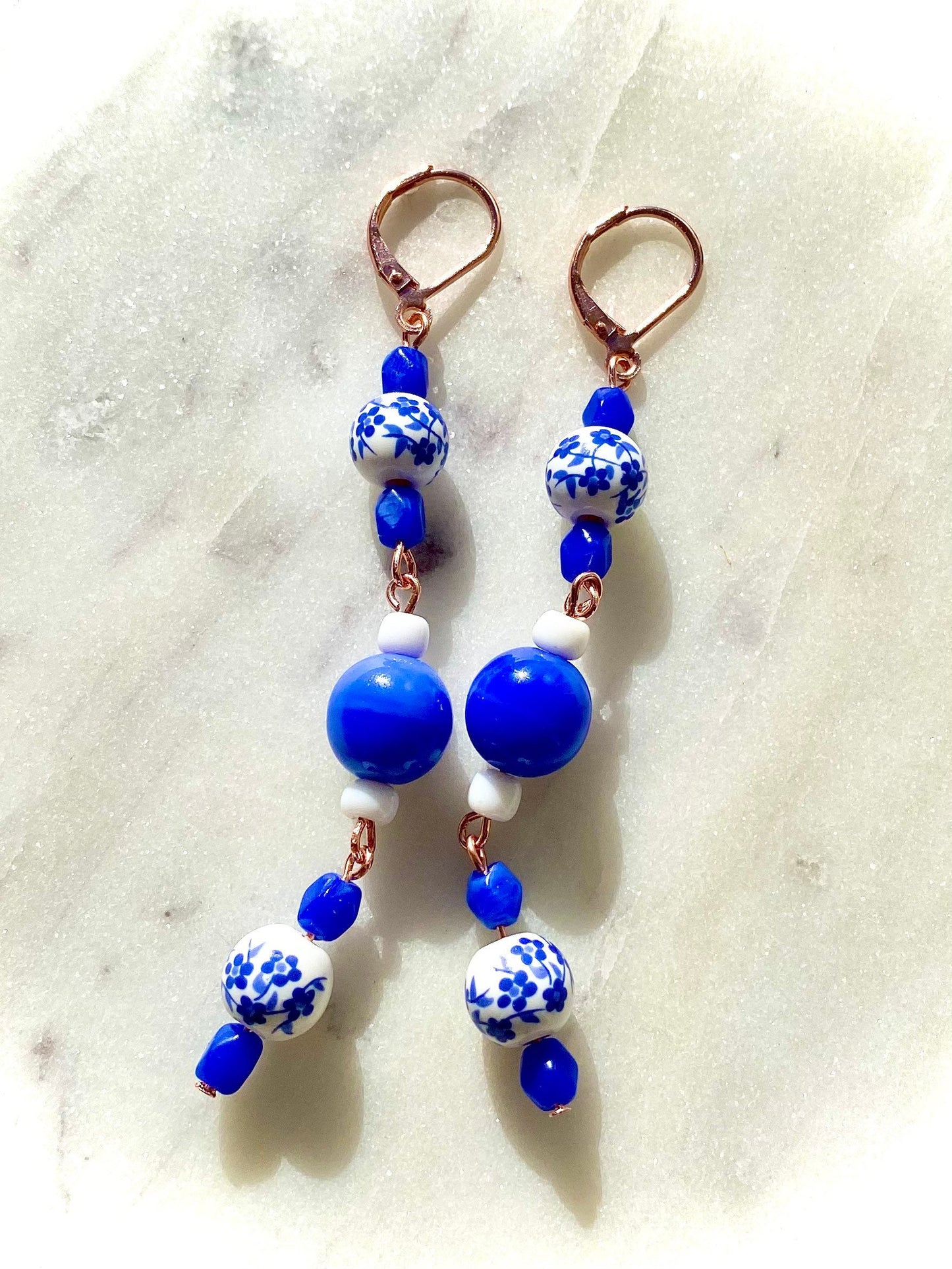 Ginger Jar Inspired Dangle Earrings | Uniquely Handmade | Floral | Painted Beading | Antique Chic | Blue & White | Vintage | Dainty Elegance