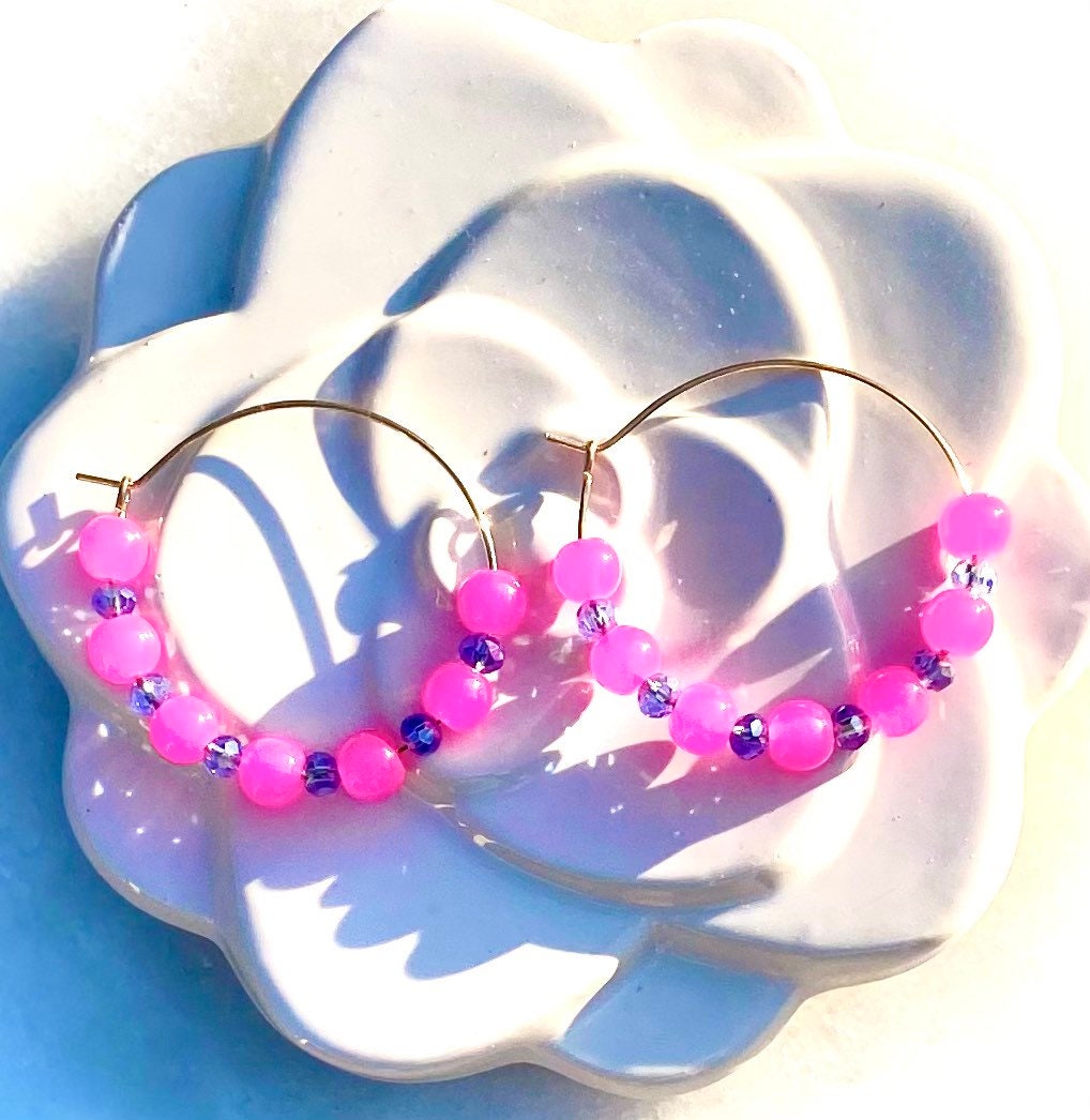 Bright Pink and Gold Hoop Earrings | Hot Pink and Sapphire Blue Crystal Glass Beading on Handmade Gold Plated Hoops | Medium/Small Hoops