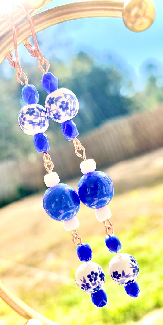 Ginger Jar Inspired Dangle Earrings | Uniquely Handmade | Floral | Painted Beading | Antique Chic | Blue & White | Vintage | Dainty Elegance
