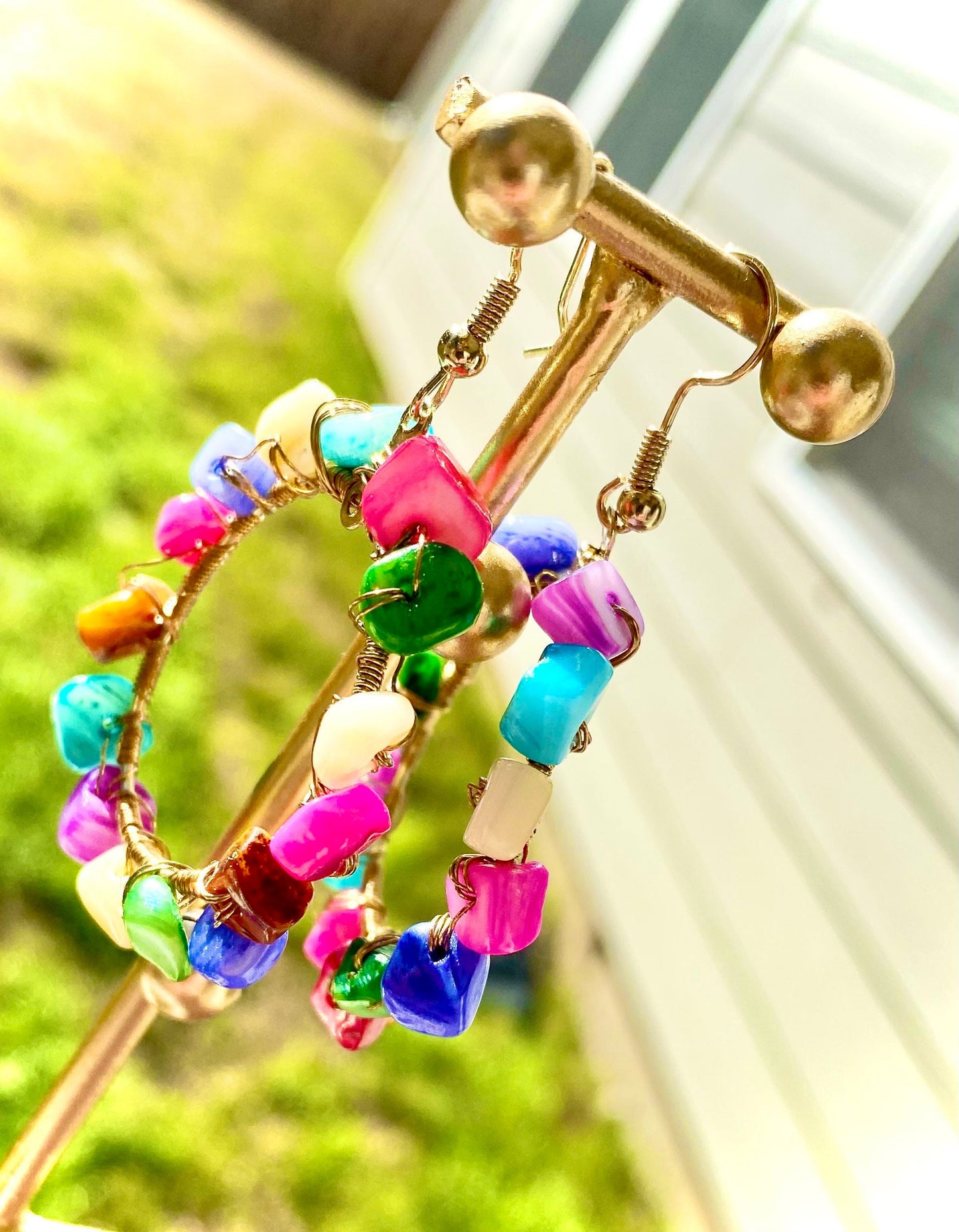 Colorful gemstone hoops | bright stone earrings | summer earrings | spring hoops | handmade wire wrapped gems | multicolor stoned hoops |