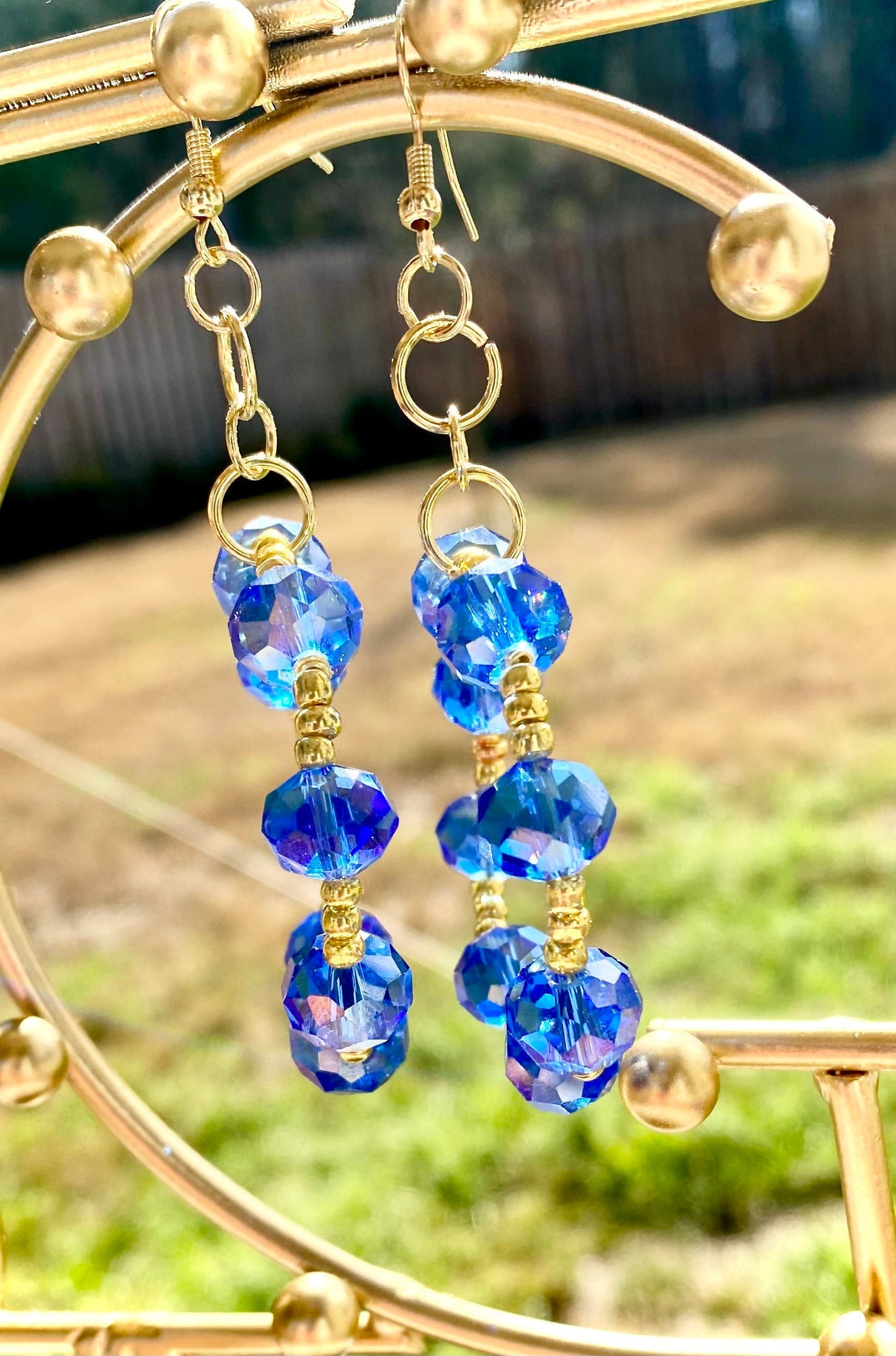 Sapphire blue crystal hoops | sparkly blue and gold chandbali style earrings | beaded gold hoops | dangle earrings | bright blue rhinestones