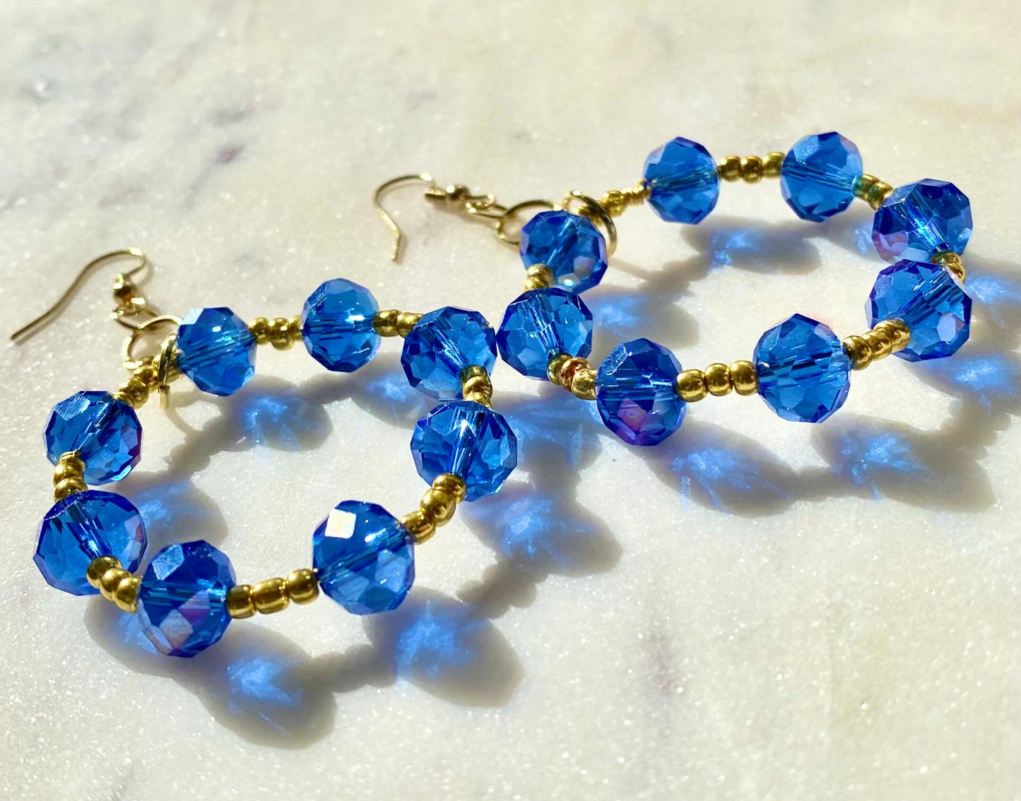 Sapphire blue crystal hoops | sparkly blue and gold chandbali style earrings | beaded gold hoops | dangle earrings | bright blue rhinestones