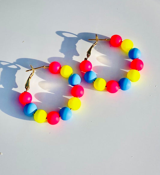 Rainbow Hoop Earrings | Neon Beaded Hoops | Bright Summer Color Jewelry | Gold Lever Clasp Hoops | Hand Crafted | Pink | Blue | Yellow |