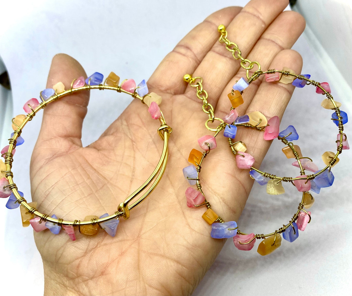 Colorful Gemstone Jewelry Set | Gold Wire Wrapped Crystal Earrings and Bracelet Set | Handmade Gemstone Jewelry | Bright Color jewelry |